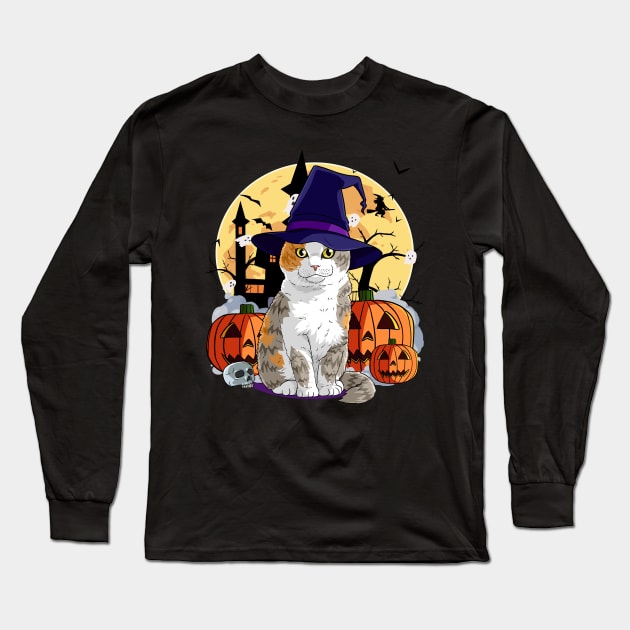 Scottish Fold Cat Funny Halloween Witch Pumpkin Long Sleeve T-Shirt by Noseking